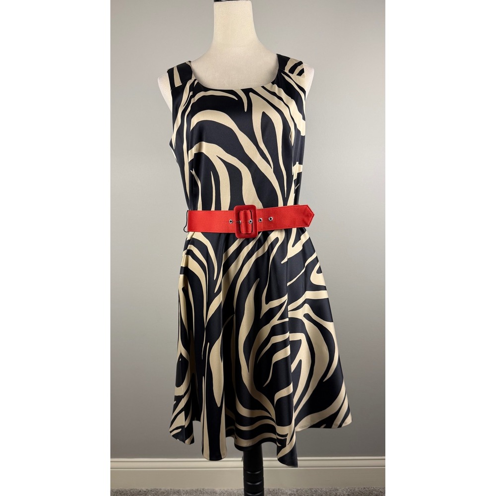 I.N. Studio Dress Zebra Print Size 12 Black Cream Fit Flare Belted Sleeveless
